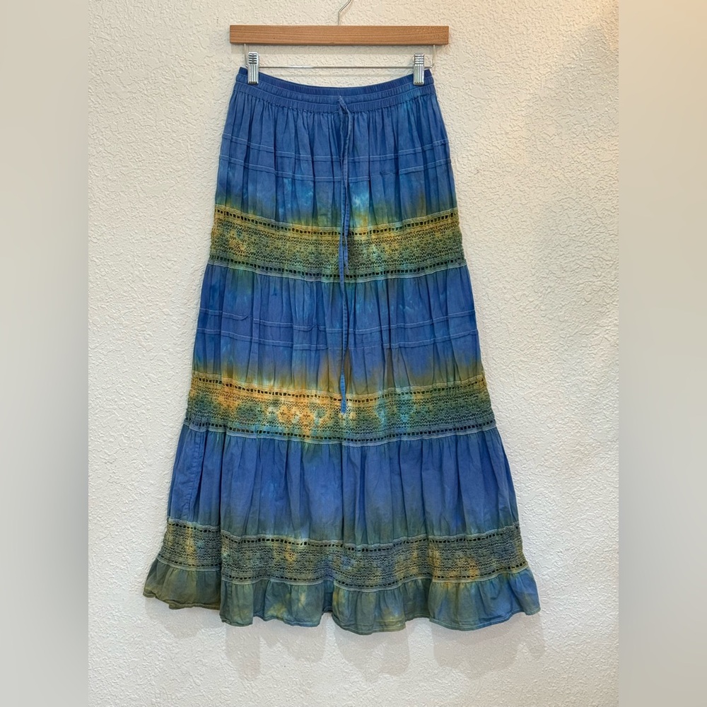 J Gee Blue Tie Dye Lace Tiered Maxi Skirt Size S